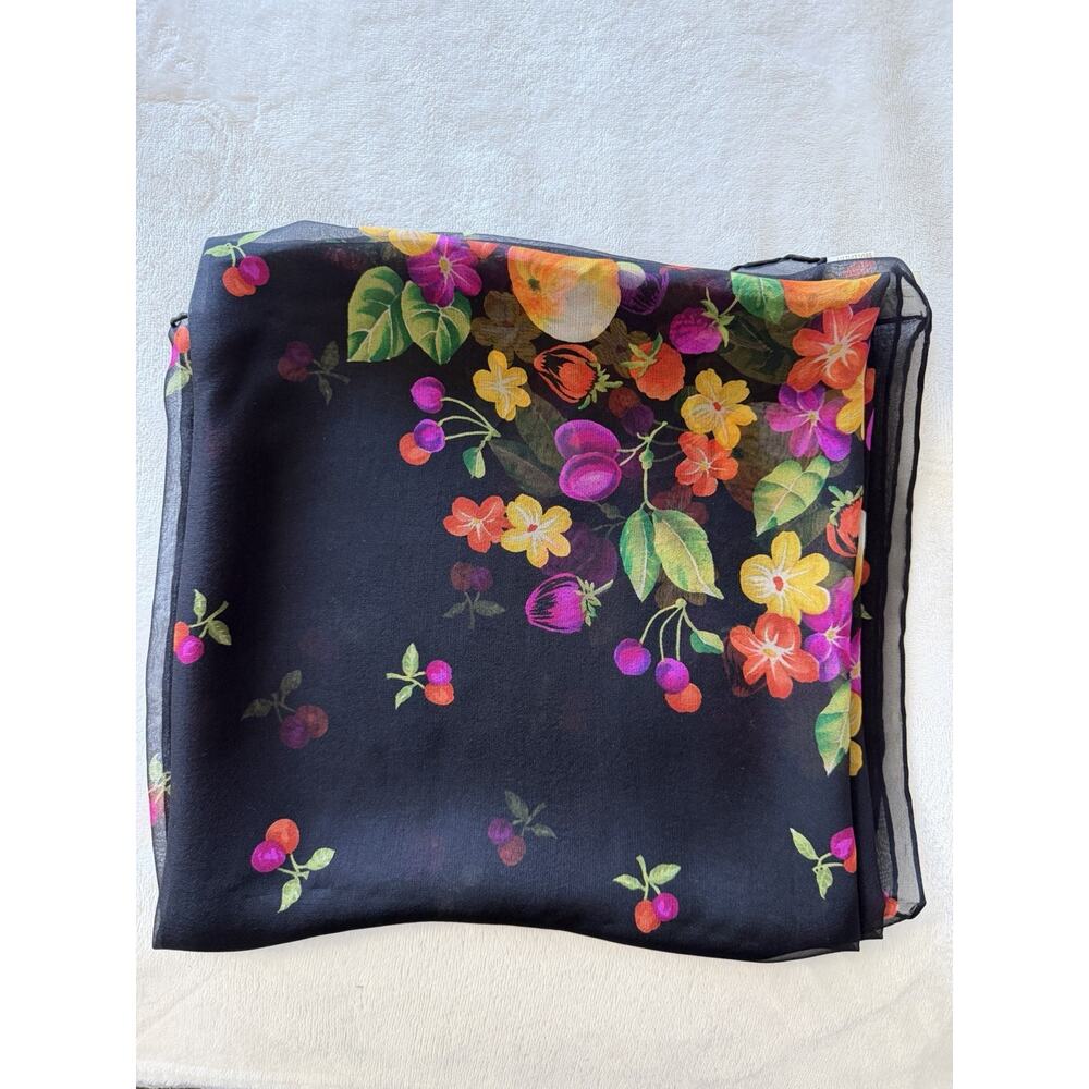 Dana Buchman Silk Scarf Vintage Black Foral Fruit Print 42 X 42